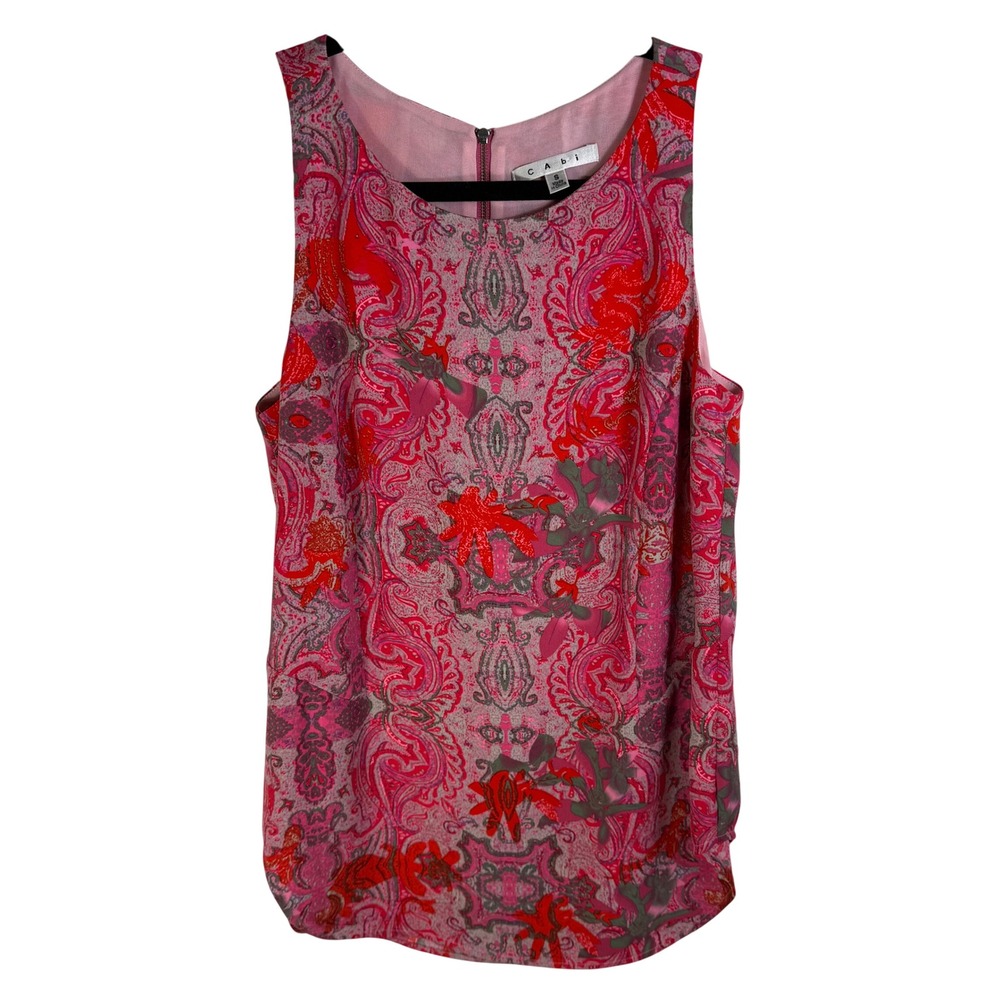 Cabi Pink Red Paisley Sleeveless Blouse Back Zip Top Style 127 Small